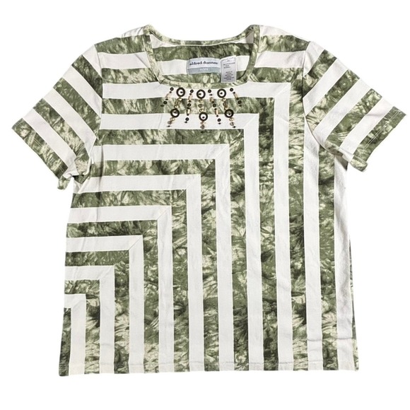 Alfred Dunner Tops - Alfred Dunner Petite Striped Beaded Neckline‎ T-Shirt Top Green White Size PS